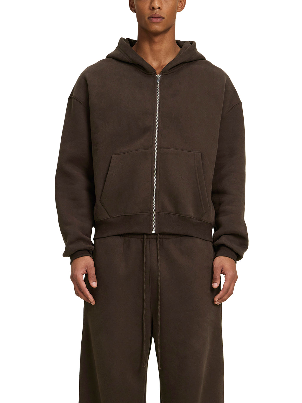 Fleece Zip-Up Boxy Hoodie/Cotton Blend