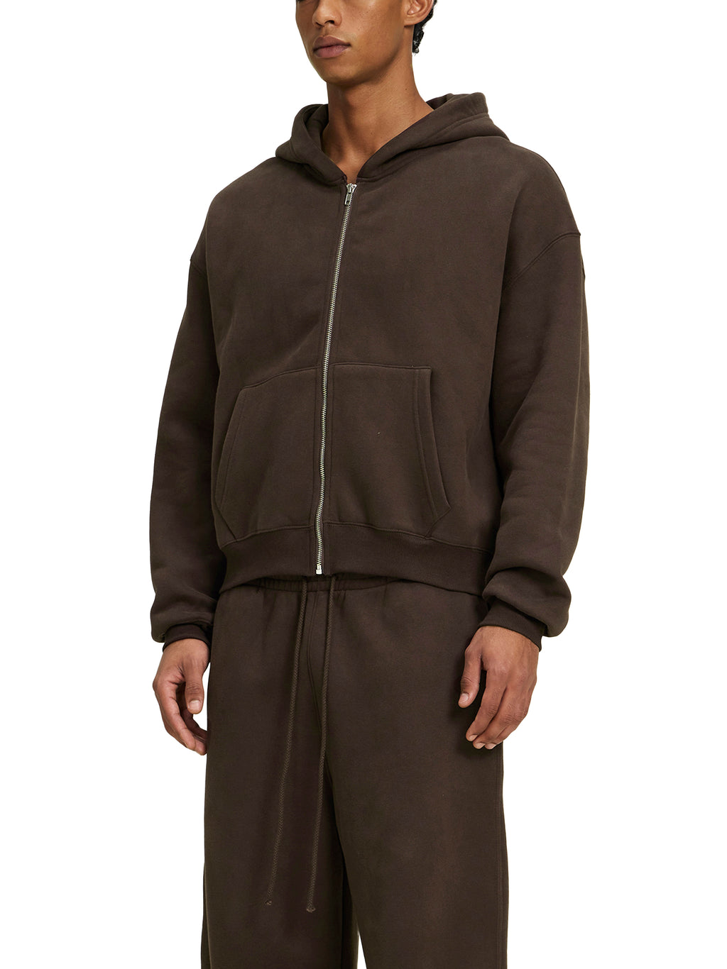Fleece Zip-Up Boxy Hoodie/Cotton Blend