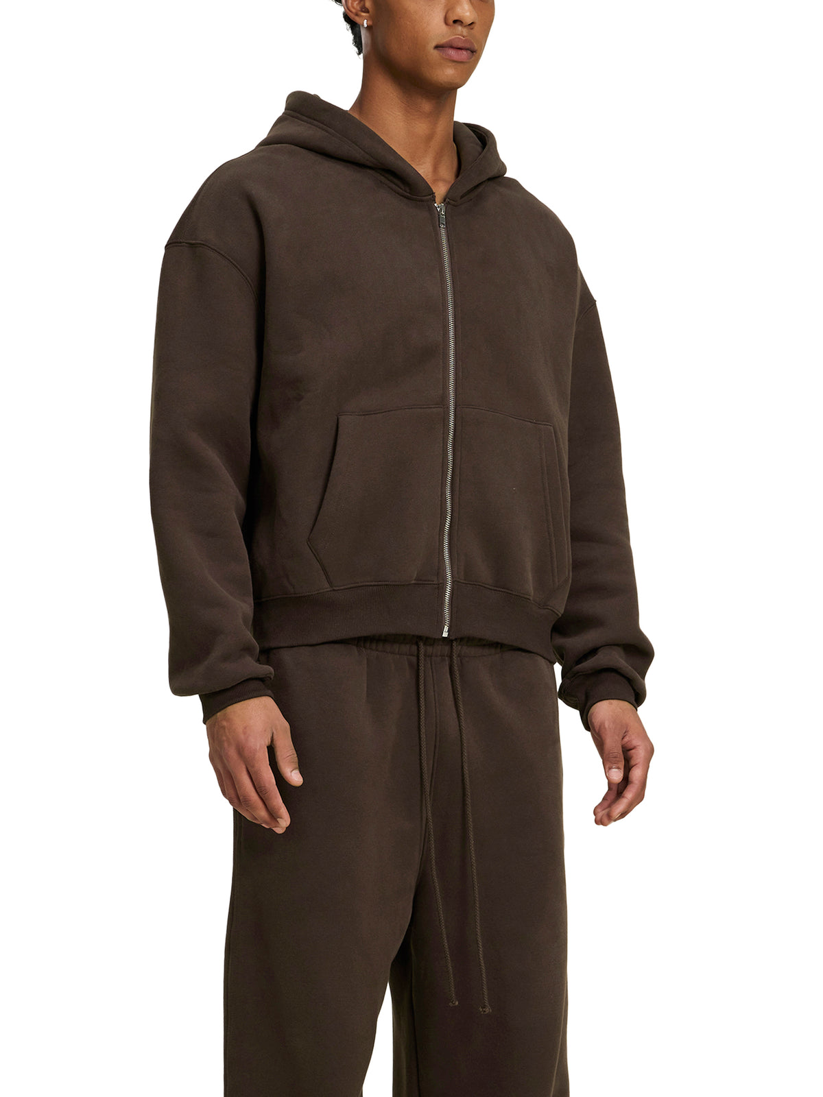 Fleece Zip-Up Boxy Hoodie/Cotton Blend