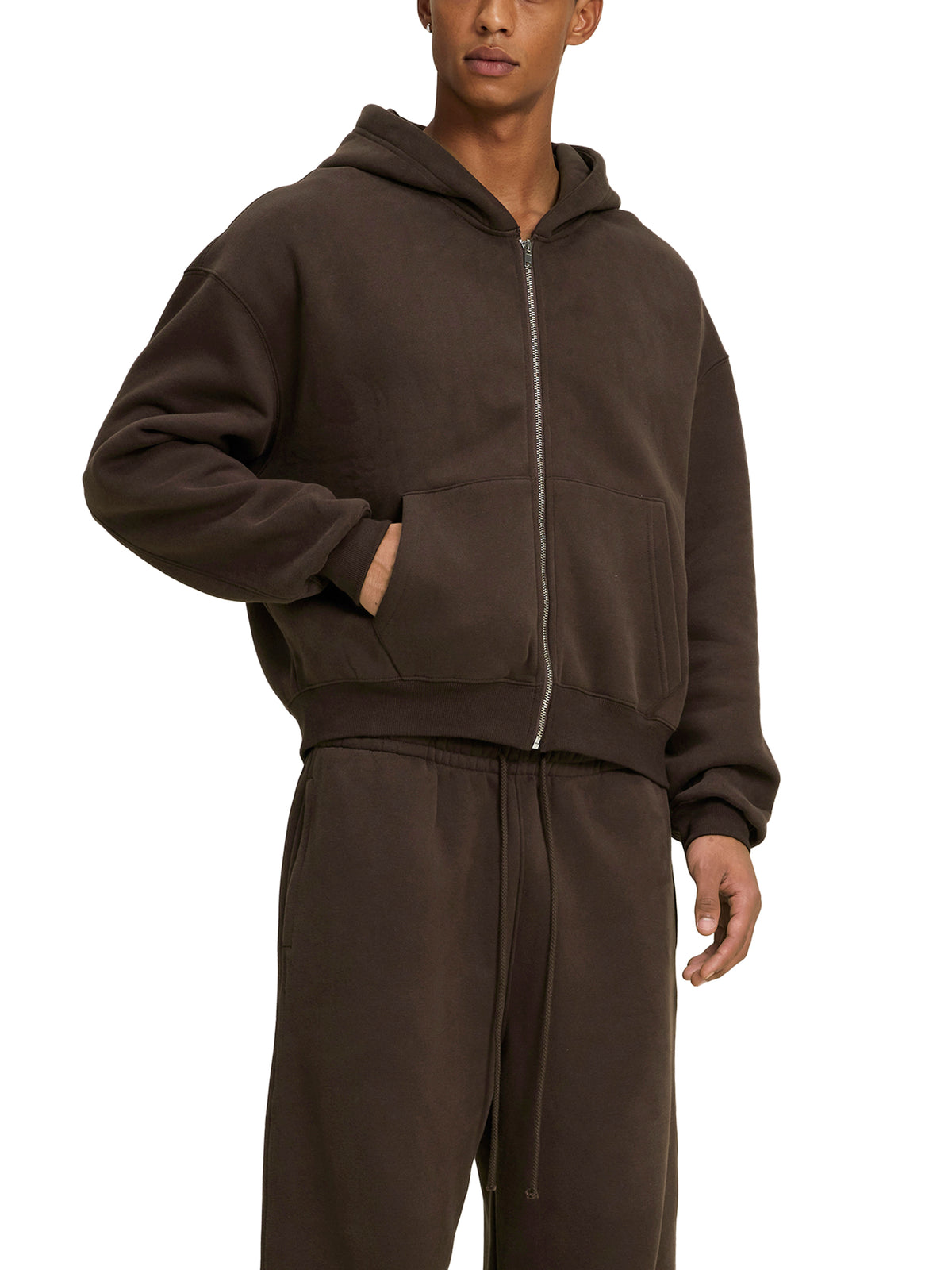 Fleece Zip-Up Boxy Hoodie/Cotton Blend