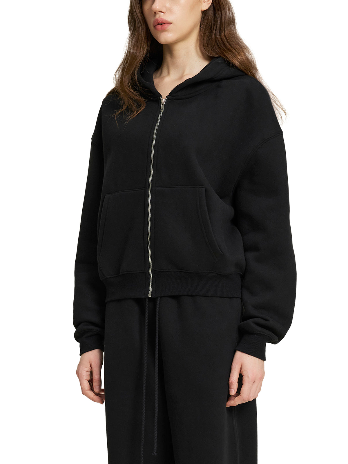 Fleece Zip-Up Boxy Hoodie/Cotton Blend