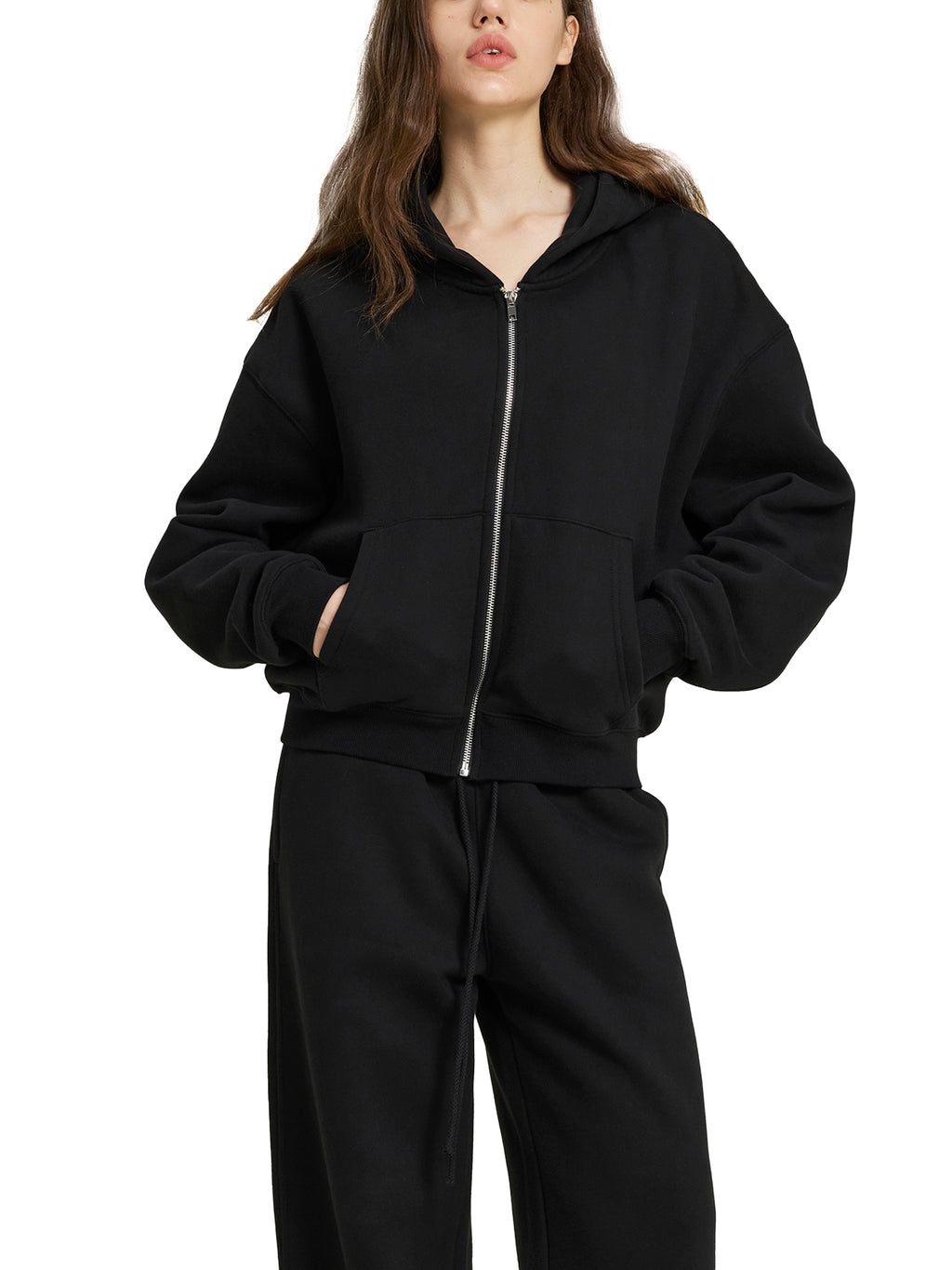 Fleece Zip-Up Boxy Hoodie/Cotton Blend