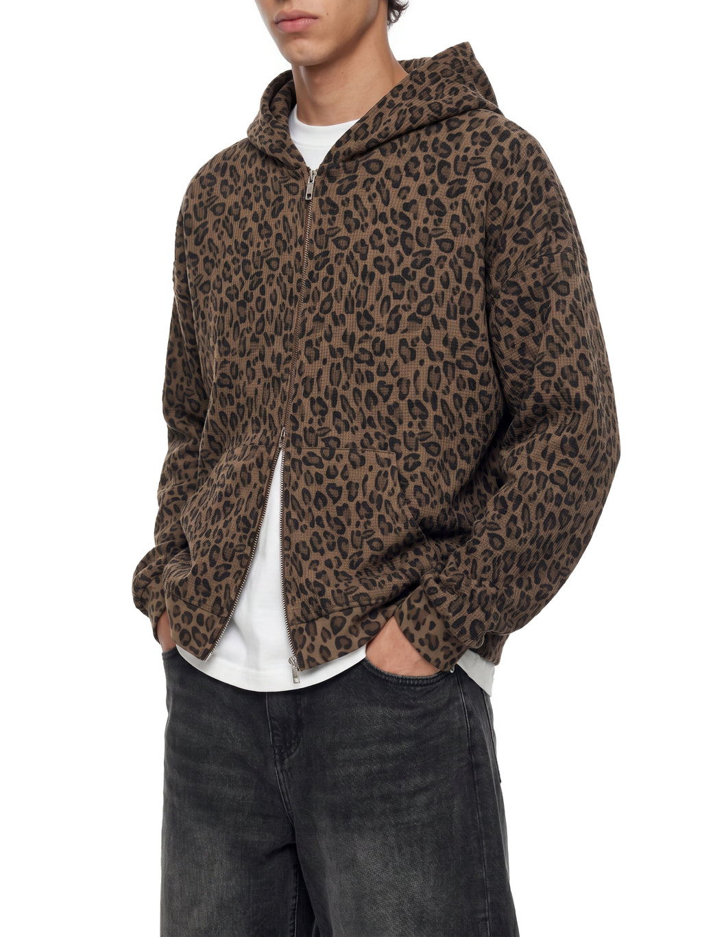 Unisex Leopard Print Waffle Full Zip Hoodie