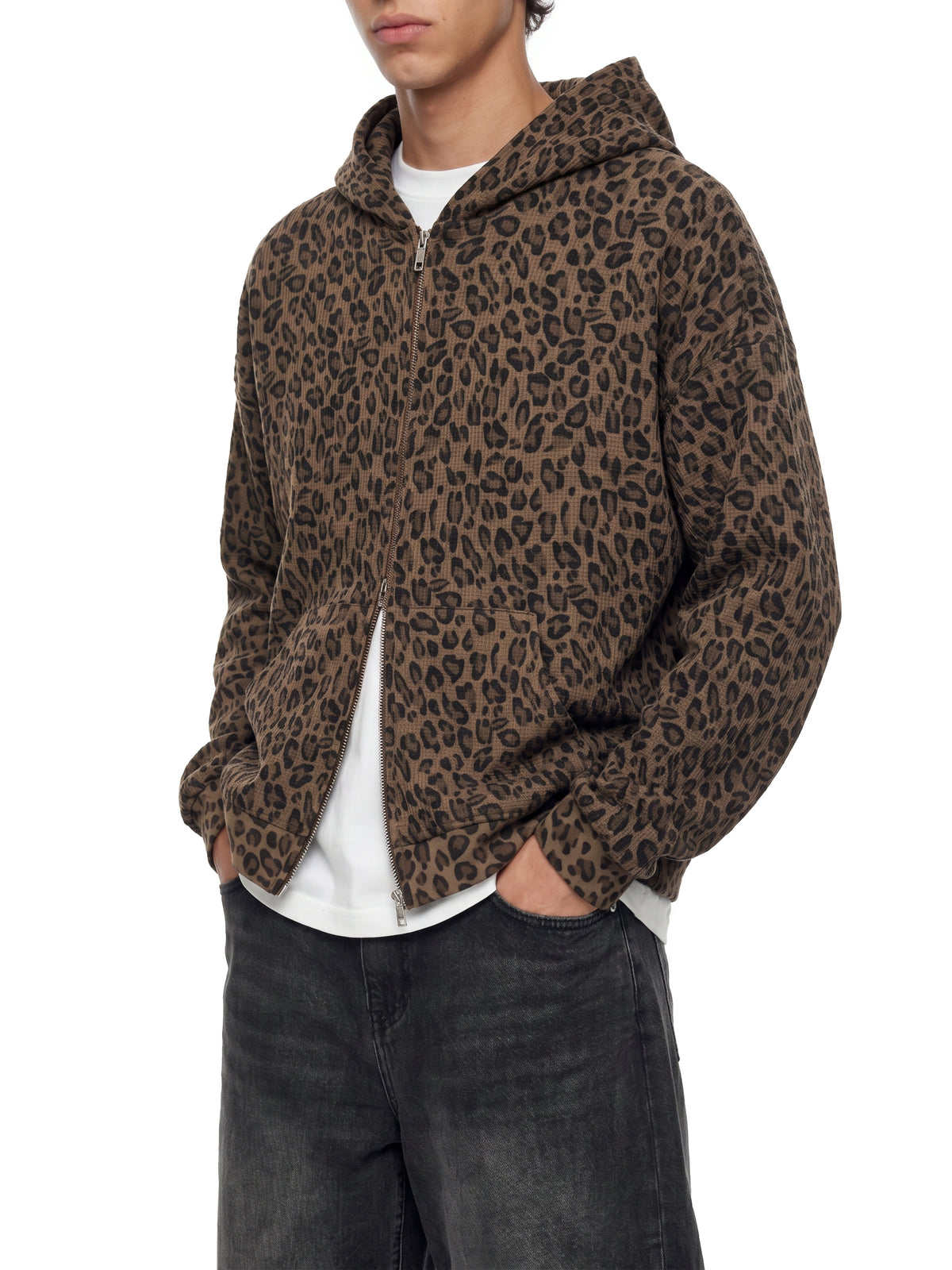 Unisex Leopard Print Waffle Full Zip Hoodie